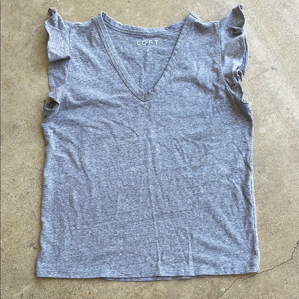 LOFT Gray Ruffled Cap Sleeve T-Shirt